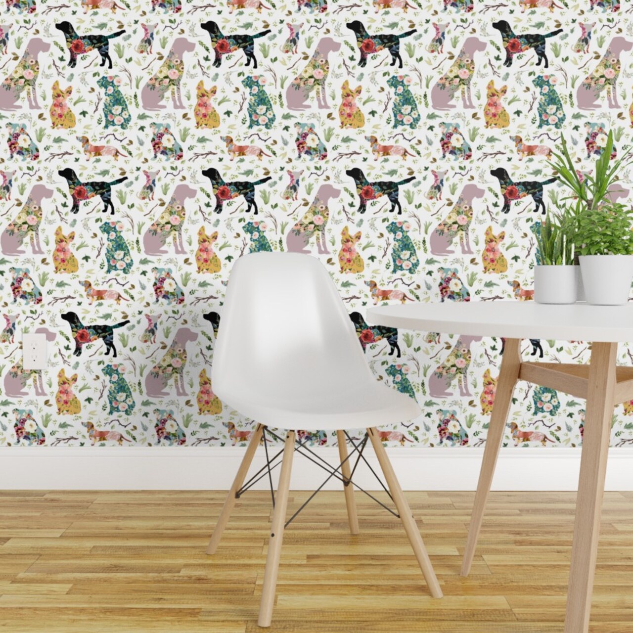 Peel & Stick Wallpaper 2FT Wide Floral Whimsical Dogs Nature Watercolor Custom Removable Wallpaper by Spoonflower